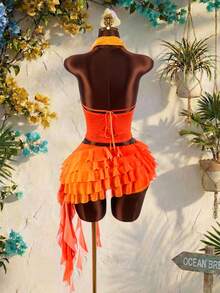 Amplova 女士两件套：深V领上衣+层叠荷叶边网纱裙，性感前卫 - 亮橙色 - 查看 10