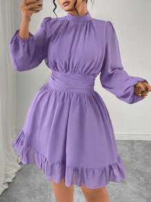 Elenzga Plus Size Women Elegant Party Navy Blue Stand Collar Ruffle Flounce Decor Long Sleeve Fitted Midi Dress - Purple - View 3