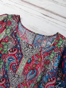 SHEIN LUNE Kemeja Lengan Ruffle Motif Kacang Mete Kasual Wanita Ukuran Besar - MultiWarna - View 4