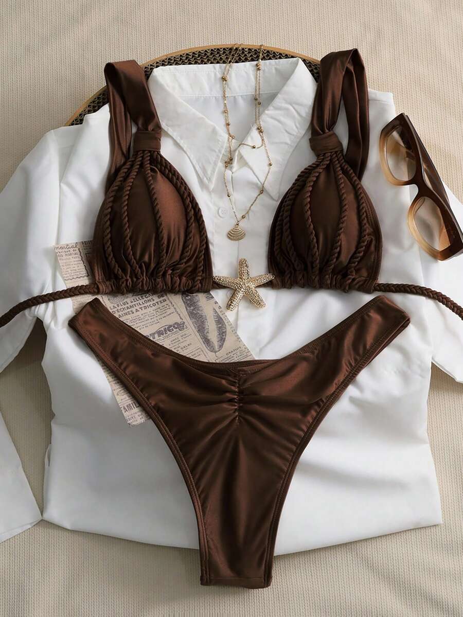 Swim Chiccia Women Brown Plain Straps Bikini Set With Lace Up Details Short Length - Brown - View 1