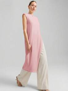 Ontre Bộ jumpsuit không tay phối màu dành cho nữ năm 2026, phong cách tối giản, trang phục công sở thường ngày, lấy cảm hứng từ thời trang Stockholm, phù hợp với giáo viên. - Hồng - Xem 4