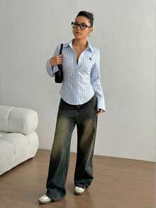SHEIN PETITE Áo sơ mi nữ dài tay dáng ôm màu trắng thêu họa tiết, cài cúc phía trước, đa năng, phù hợp mặc đi làm, đi học và dạo phố. - Màu xanh lam - Xem 3