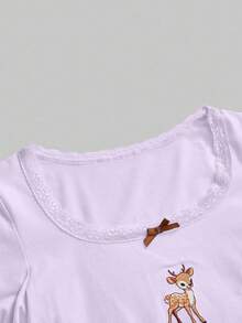 ROMWE J-Fashion Cute Deer Embroidered Lace Blouse Paired With Deer Print Flare Pants, Autumn/Winter - Mauve Purple - View 8