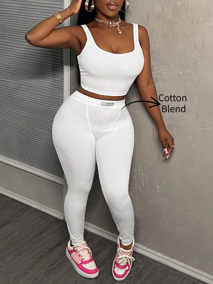 Slaydiva 女士休闲基础款运动无袖露脐上衣和紧身打底裤两件套，夏季 - 白色 - 查看 1