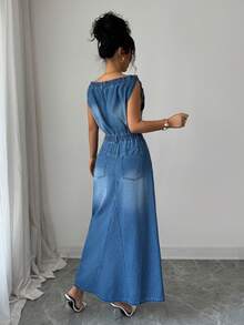 Elenzga 女士夏季新款V领收腰前开衩下摆牛仔连衣裙 - 中等水洗藍 - 查看 2