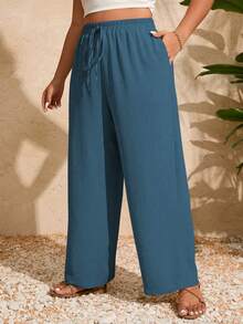 SHEIN Clasi Quần ống đứng dáng suông, màu trơn, cạp chun, túi xéo, cỡ lớn, kiểu dáng thường ngày. - Màu xanh Cadet - Xem 1