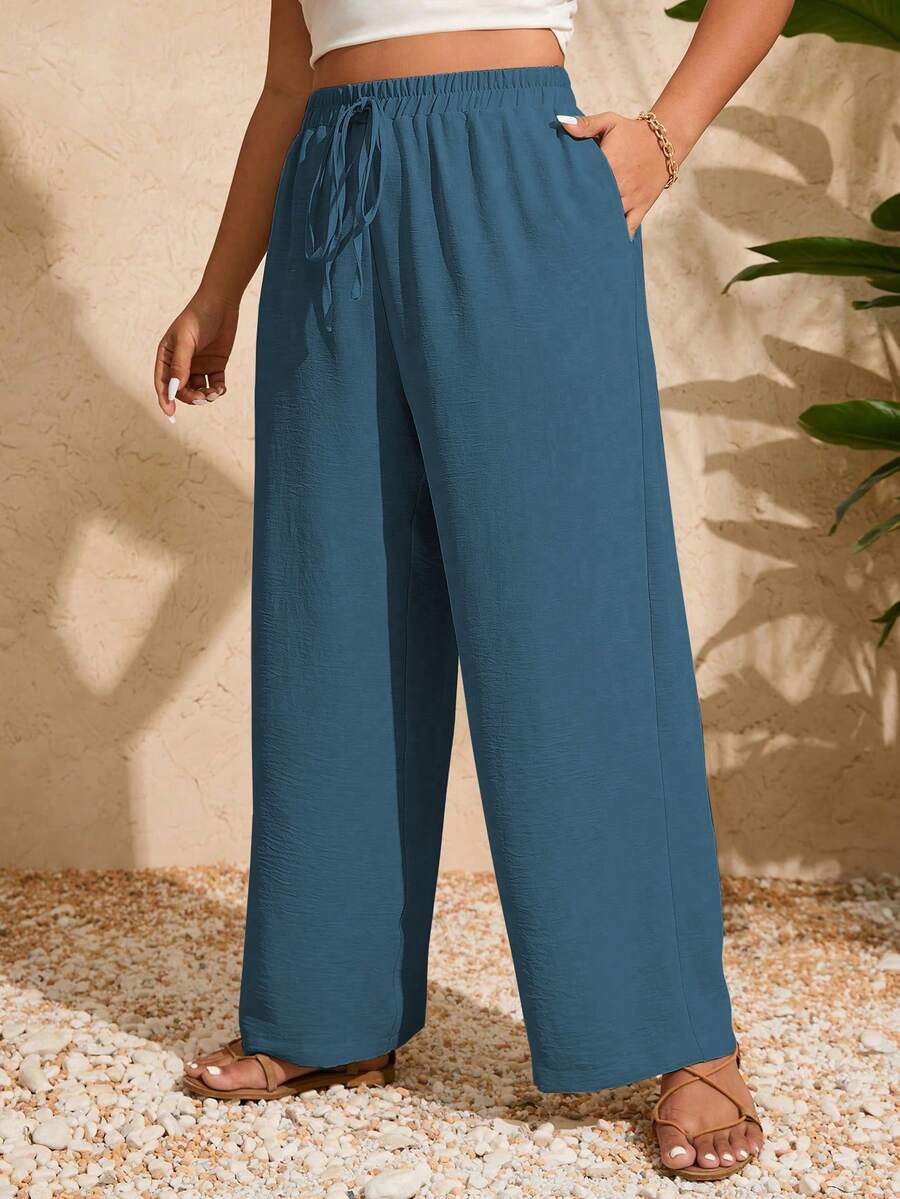 SHEIN Clasi Quần ống đứng dáng suông, màu trơn, cạp chun, túi xéo, cỡ lớn, kiểu dáng thường ngày. - Màu xanh Cadet - Xem 1