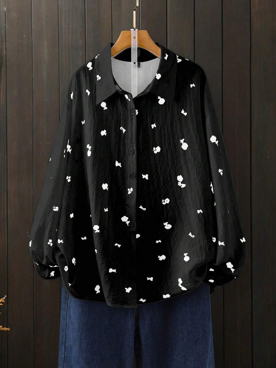 SHEIN LUNE 春秋新款简约白色碎花休闲/通勤/度假大码女式衬衫 - 黑與白 - 查看 1