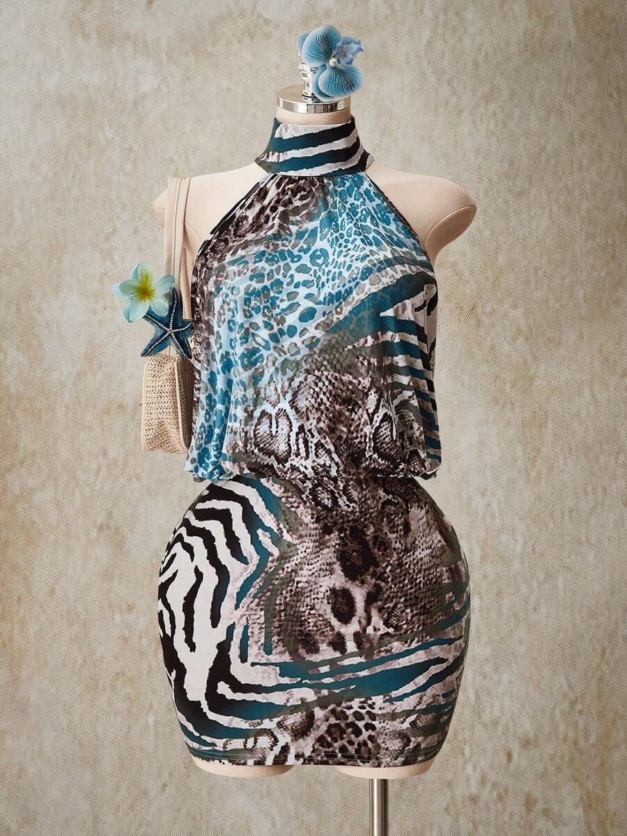 SHEIN ICON Vestido Curto Drapeado Bodycon com Gola Alta e Costas Abertas, Plus Size, Vestido Bodycon Sexy com Decote Halter e Costas Abertas no Estilo Y2K - Multicolorido - Visão 1
