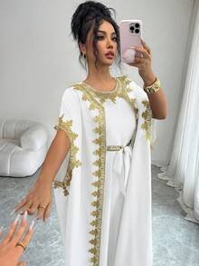 SHEIN Elenzya Damen ärmelloses, offenes, vorderes, goldenes Spitzen-Splice-Manschetten-Langstrickjacke & figurbetontes Maxikleid 2-teiliges Set, elegant für Partys - Weiss - Übersicht 4