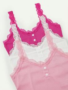 SHEIN 3pcs/Set Women's Solid Color Lace Cami Top & Shorts Pajama Set - Multicolor - View 2