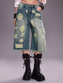 ROMWE Avant Quần jeans lửng nữ cạp thấp, siêu rộng, rách rưới, phối nhiều mảnh vải. - Màu xanh lam - Xem 1