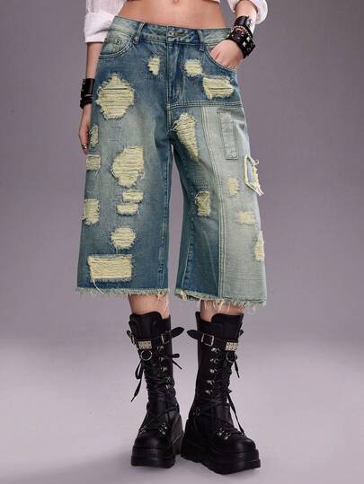 ROMWE Avant Quần jeans lửng nữ cạp thấp, siêu rộng, rách rưới, phối nhiều mảnh vải.