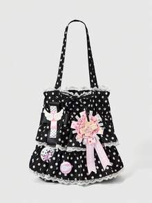 ROMWE Anime 1 pieza Bolso tote de mujer negro estilo Y2K Millennium Spice Girls Harajuku Kawaii dulce y lindo con insignia de nota, decoración de encaje de lunares y cruz, de moda y simple, bolso de hombro retro Mori de producción masiva para mujer, adecuado para universidad, compras, ir al trabajo, festivales de música, etc. - Negro - Ver 1