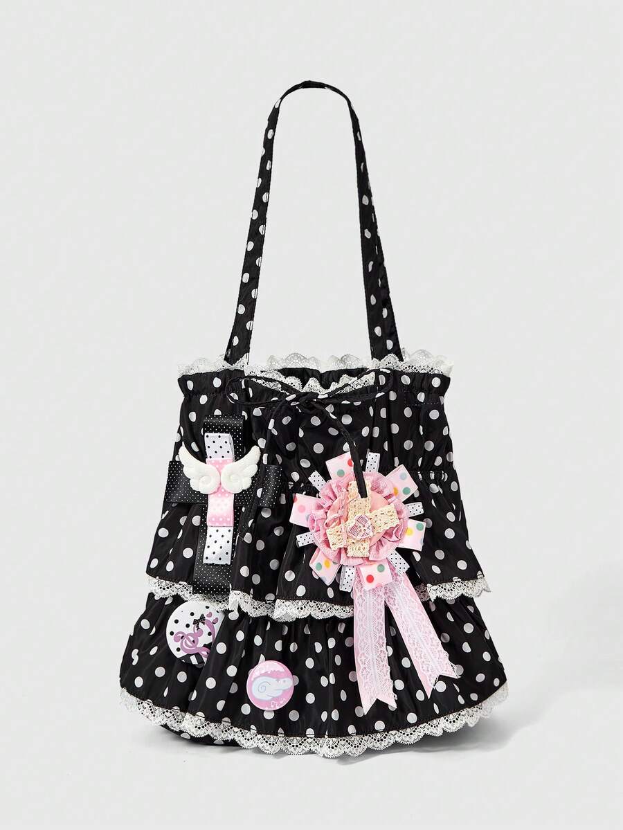 ROMWE Anime 1 pieza Bolso tote de mujer negro estilo Y2K Millennium Spice Girls Harajuku Kawaii dulce y lindo con insignia de nota, decoración de encaje de lunares y cruz, de moda y simple, bolso de hombro retro Mori de producción masiva para mujer, adecuado para universidad, compras, ir al trabajo, festivales de música, etc. - Negro - Ver 1