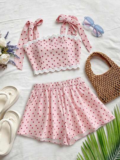 Roelina Bộ đồ 2 món mùa hè thanh lịch kiểu Pháp gồm áo crop top chấm bi in họa tiết bèo nhún và nơ cùng quần short ống rộng cạp chun dành cho nữ.