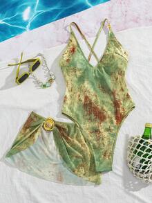 Swim SXY 2件套女士新款随机印花可调节肩带连体衣和短网纱裙，性感优雅度假前卫简约派对连体泳衣 - 彩色 - 查看 3