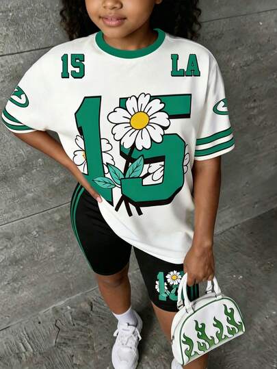 SHEIN Mädchen Casual Klassisch Floral Grau Dropped Shoulder Locker Kurzarm T-Shirt und Skinny Hose Set, Gänseblümchen Nummerndruck, vielseitig, geeignet für Sommer, personalisiertes T-Shirt und Shorts Set, Frühlingsstimmung, Sommerstimmung, Frühlings- & Sommer-Outfits für, leichter Komfort, stilvolles Mädchen Set, Casual Wear, Kinder Floral Grafik Kleidung, Frühlings- & Sommer-Set, Neuer Stil, Entspannt Entspannt, Frühlingsstimmung Entspannt Sommerurlaub