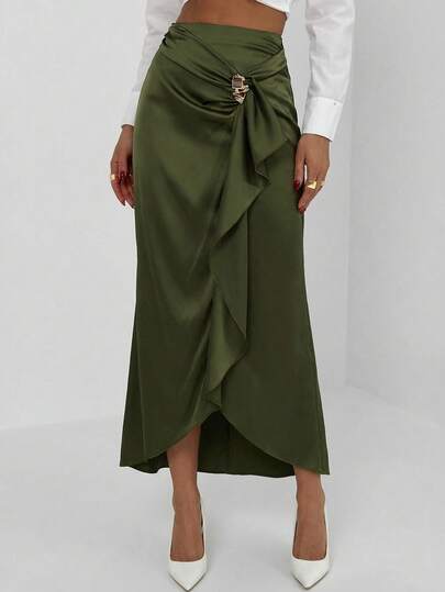 Ellevyn Falda de cola de sirena con hebilla metálica decorativa de satén elegante para mujer, adecuada para uso diario, vacaciones y múltiples ocasiones