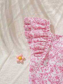 Elladie kids Young Girl Pink Floral Print Blouse,White,Summer,Holiday Ruffled Flutter Sleeve Top With Oversized Bow Back,French Cottagecore Square Neck Beach Shirt - Hot Pink - View 6