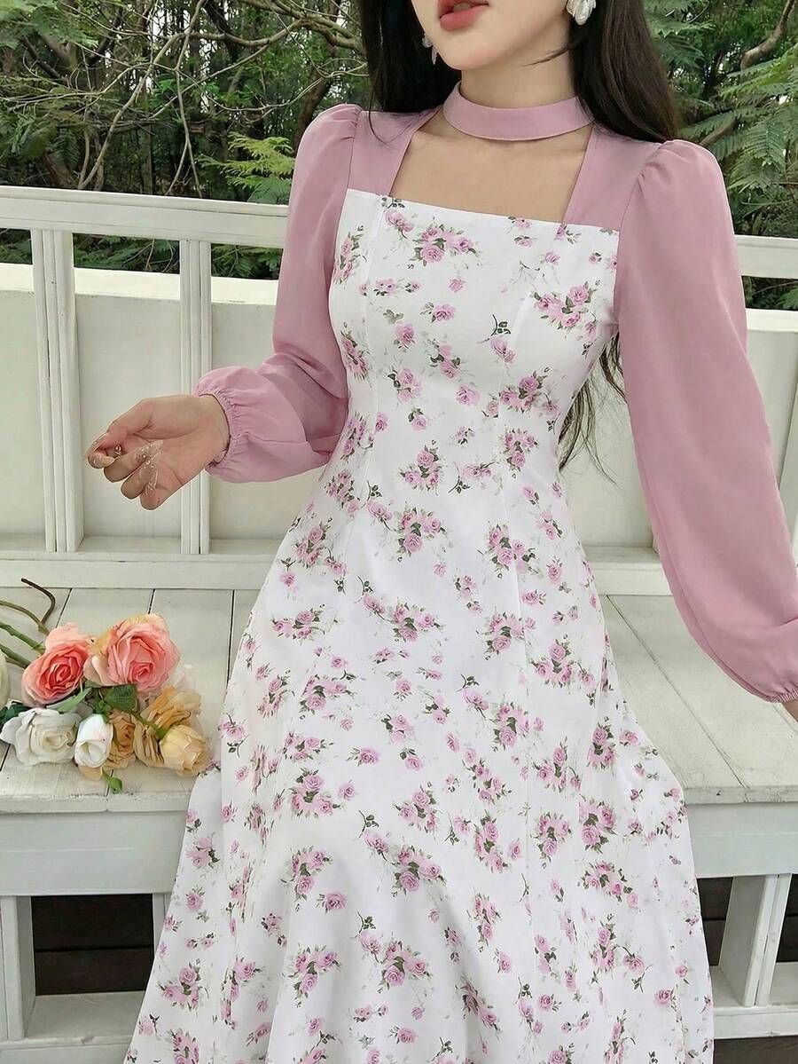 Elladie kids 一件优雅的玫瑰花卉印花吊带拉链后背收腰雪纺长袖修身连衣裙，适合休闲、度假、外出、派对等场合穿着。 - 白色 - 查看 1