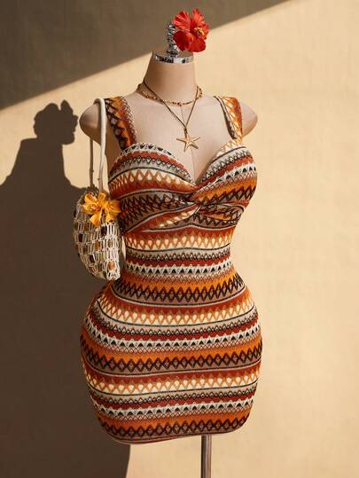 SHEIN ICON Plus Size Women's Spring/Summer Retro Sexy Urban Modern Fashion Individual Millennial Style Y2K Beach Vacation Twisted Knit Jacquard Striped Diamond Geometric Pattern Orange Slim Fit Dress