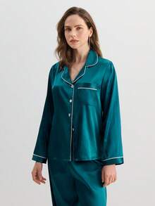 Hourtrue Ensemble de pyjama femme avec col contrasté et manches longues, vêtements d'automne et d'hiver - Bleu canard - Voir 5
