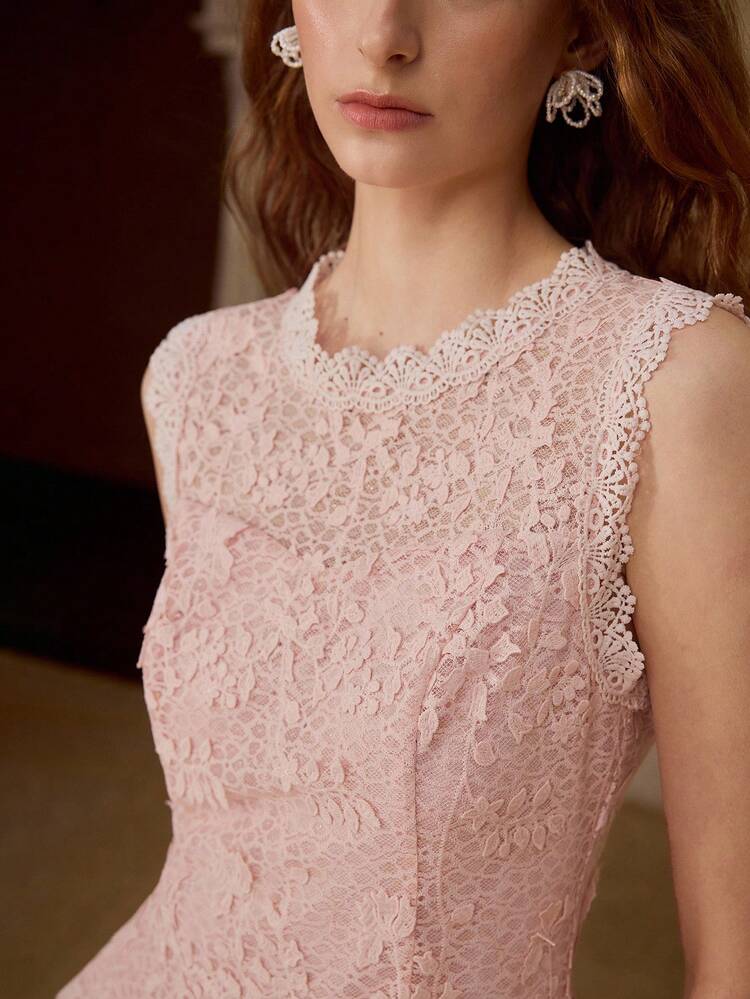 SUMMER DESIGN MESH PATCHWORK SLEEVELESS CONTRAST GUIPURE LACE ELEGANT ELEGANT PLEATED DRESS FOR WOMEN