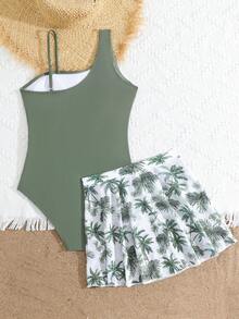 Tween Girls 1-Piece Swimsuit With White Floral Cutout,Green Palm Tree Print Mesh Cover-Up Skirt,2-Piece Set For Swimming,Summer,Beach,Holiday Vacation - Army Green - View 2