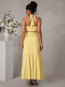 Momance Women Solid Color Twist Knot Halter Top & Tiered Maxi Dress 2-Piece Set,Yellow,Summer,Casual,Maternity,Photoshoot,Holiday Elegant Pregnancy Clothing - Yellow - View 2