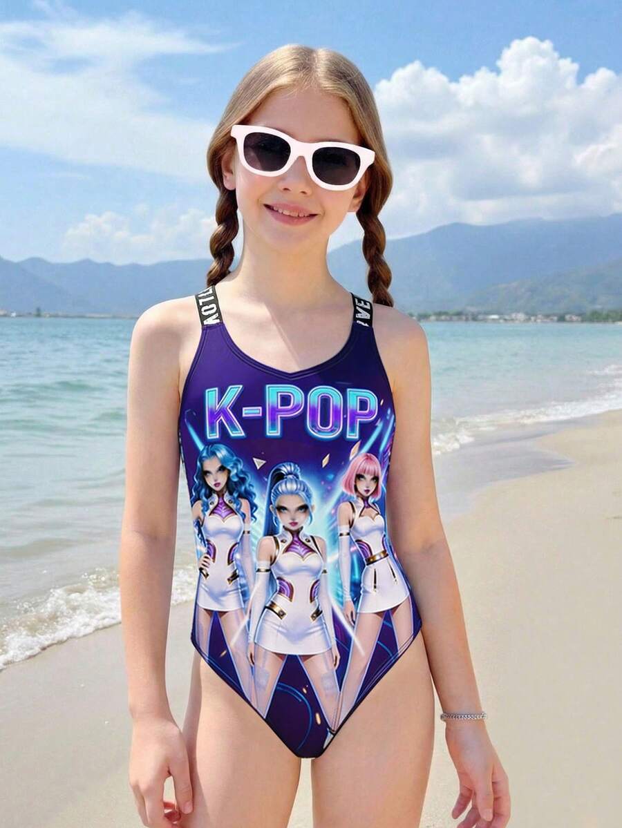 Tween Girl Letter & Portrait Print One-Piece Swimsuit - Multicolor - View 1