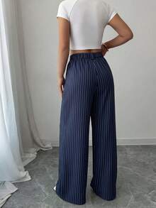 SHEIN Elenzya Quần ống rộng kẻ sọc thường ngày - Màu xanh lam - Xem 2