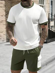 Manfinity CasualCool 男士舒适圆领短袖T恤套装（2件装）搭配抽绳松紧腰短裤，撞色多口袋T恤套装，适合男士休闲度假、派对、聚会、运动、简约办公等场合，经典春夏款短袖短裤套装，畅销经典套装，自穿或送礼皆宜。 - 彩色 - 查看 3