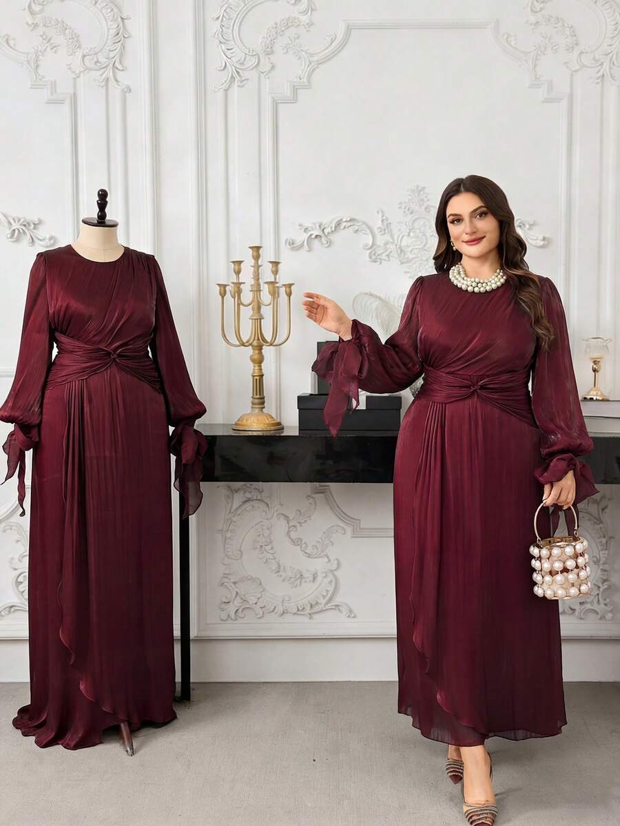 Modelyn Plus Size Women Elegant Spring/Autumn Long Organza Waist Cinched Long Formal Dress
