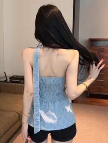 Joudiya Women's Casual Rhombus Pattern Denim Tube Top, Versatile For Daily Wear - Light Wash - View 7