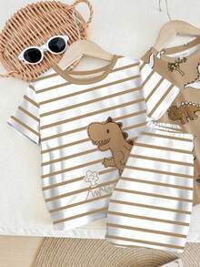 2pcs/Set Pastel Cartoon Dinosaur Print Loose Casual Pajamas, Suitable For Summer, Baby Boy Home Outfit - White - View 4