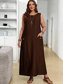 Rosumi Plus Size Solid Color Minimalist Sleeveless Round Neck Dress, Everyday Wear/Summer/Spring/Vacation - Coffee Brown - View 9