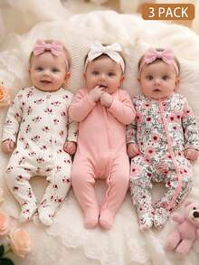 SHEIN Bộ áo liền quần dài tay kiểu dáng thường ngày cho bé sơ sinh - Hồng - Xem 4