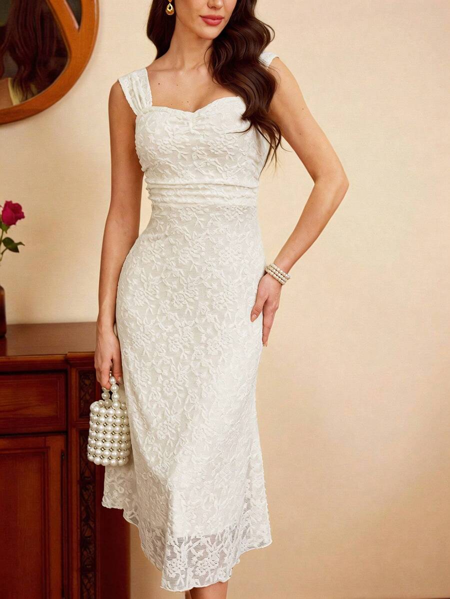Vintamour 复古经典优雅女士连衣裙,春夏修身提花针织连衣裙,宽肩带,杏色长裙 - 杏色 - 查看 1