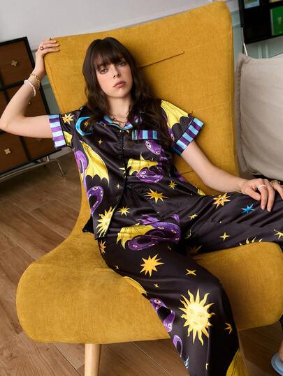  Chillnights Young & Fun Energetic Star Eyes & Dragon Print Striped Lapel Cardigan Pajama Set For Women