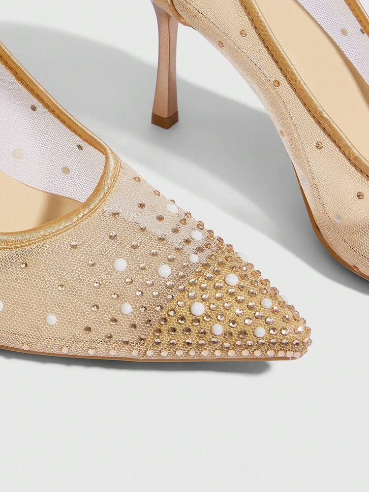 CUCCOO SZL Women's Fashion Pointed Crystal/Rhinestone Gold Powder Mesh Stitching Party Dinner Stiletto High Heels Shoes