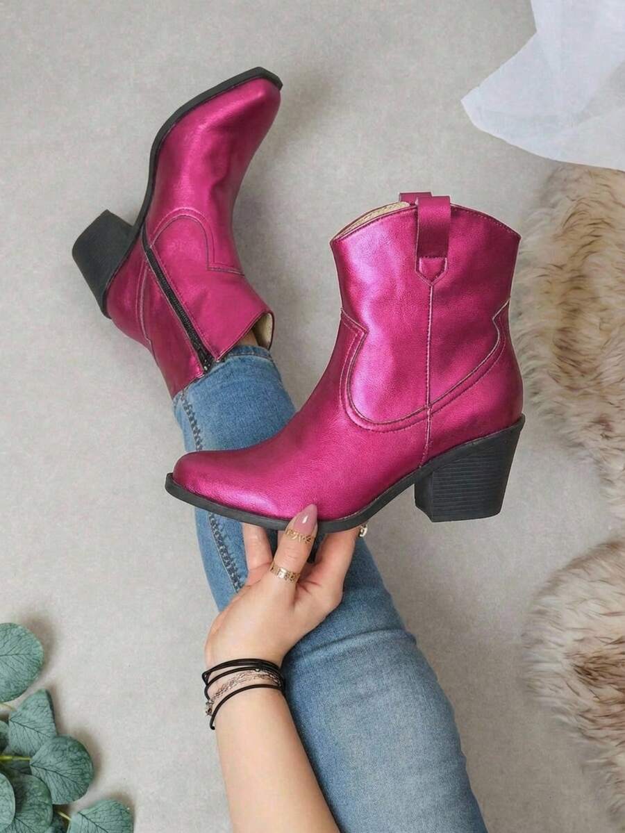 Black Cowboy Short Boot With Reptile Texture - Pink - View 1