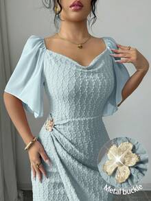 Modelyn 女士金属扣撞色荷叶边领花瓣袖修身优雅连衣裙，春夏款 - 綠色 - 查看 8