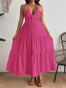 Cheriluna Maternity Maternity Comfortable Solid Color Ruffle Hem Halter Backless Dress For Summer - Hot Pink - View 3