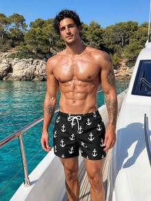 Manfinity Swimmode Men's Anchor Print Casual Beach Shorts - Black - View 6