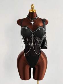 Sunspun Plus Size Women's Fitted Sexy Spaghetti Strap Chain Decor Bodysuit, Suitable For Music Festivals, Spring/Summer Wear - Black - View 5