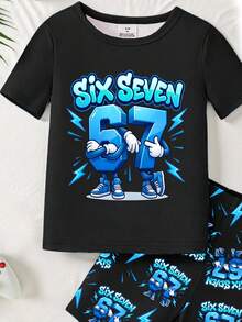1set Young Boys Glow-In-The-Dark Graphic Number 67 Print Short Sleeve Snug Fit Pajama Set, Includes Shirt And Shorts - Black - View 4
