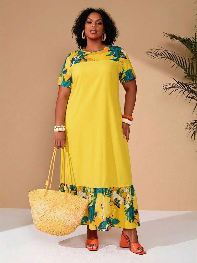Plus Size Women Floral Print Casual Vacation Party Dress