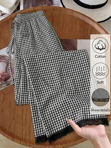 SHEIN LUNE Women's Casual & Commute Plaid Lace Trim Pants Wide Leg Pants Woman High Waist Palazzo Pants Women Pants For Women Casual Gingham Wide Leg Pants Cute Pants For Woman Women's Gingham Print Wide Leg Pants Elastic Waist Drawstring Cotton Blend Palazzo Trousers With Lace Trim Stylish Black And White Gingham Wide Leg Pants For Women Casual Drawstring Trousers With Lace Accent Summer Outfits Vacation Outfits Women - Multicolor - View 7