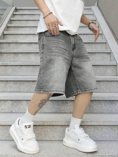 Manfinity EMRG Plus Size Men's Grey Denim Casual Shorts, Versatile 5-Inch Inseam